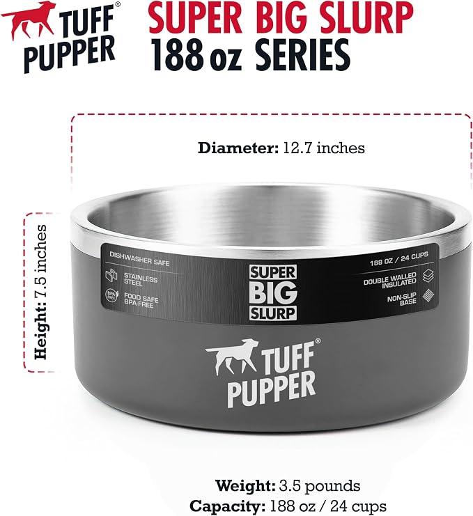 Tuff Pupper Heavy Duty Insulated Dog Bowl | Double Wall Stainless Steel Dog Food Dish | Non-Slip Spill Proof Dishwasher Safe Cat Bowl | Water Dish for Feeding Large Medium Small Pets (188oz, Grey)