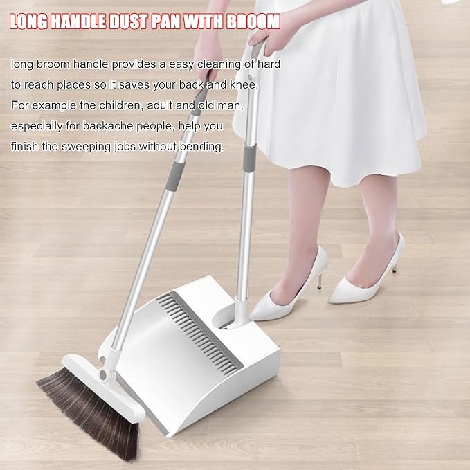 Broom and Dustpan Combo Set for Home, Soft Bristles Angle Broom, Dust Pan with Comb Teeth, Long Handle Upright Standing Sweep Set for Room Kitchen Office,Buckle~Lock