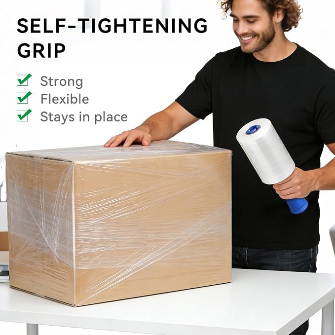 Plastic Shrink Wrap Roll for Moving, 5" x 1200' -12 Rolls | 80 Gauge, 500% Stretch, Heavy Duty, With Handles, Saran Wrap For Moving, Shipping, Packing, Pallet & Furniture Protection