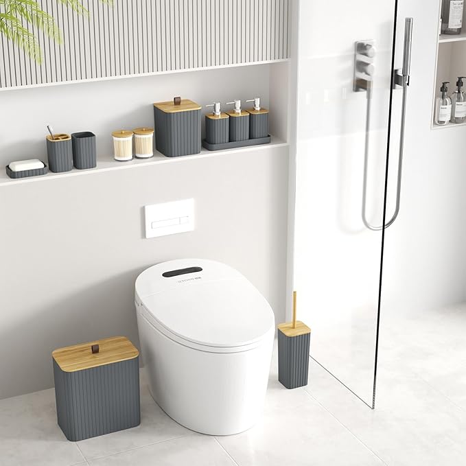 Bathroom Accessory Set - Grey Bathroom Set, 12PC Bathroom Accessories Set, Grey Bathroom Accessories Set, Mini Trash Can, Toilet Brush, Trash Can & Soap Dispenser