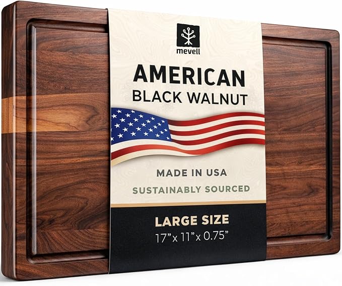 Walnut Wood Cutting Board for Kitchen, Reversible Wooden Cutting Board With Juice Grooves - Chopping Board, Charcuterie Serving Tray Made in USA (Walnut, 17x11x0.75)
