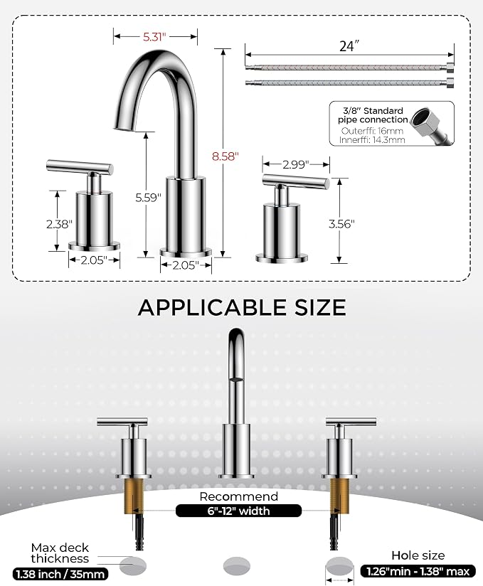 FORIOUS Chrome Bathroom Faucet 3 Hole, 8 Inch Widespread Bathroom Sink Faucet Polished Chrome 6 in with Metal Pop Up Drain and 24" Supply Line, 360 Degree Swivel Gooseneck for 3 Hole Vanity Sink RV