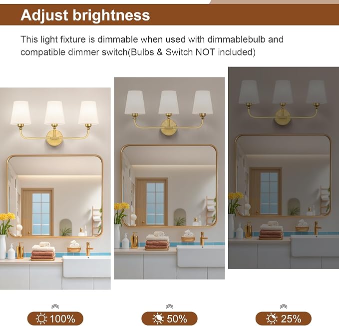 Bathroom Vanity Light, Brushed Gold Bathroom Light Fixtures, 3-Light Lighting Fixtures Over Mirror, Modern Wall Sconce with Flared White Fabric Shade, E26 Socket(ETL Listed)