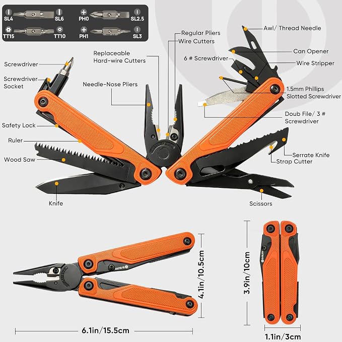 BIBURY Lightweight G10 Handle Multitool Pliers, 25-in-1 EDC Multi Tool with Replaceable Wire Cutters, Scissors, One-Hand Opening Pocket Knife Survival Tools for Camping, Repair,Survival -BI2048O