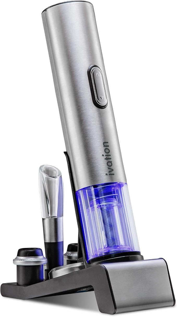 Ivation 6-in-1 Electric Wine Opener Gift Set, Preserver, Charging Base | Stainless steel bar collection for hosts - includes aerator, foil cutter, and date-stamped stoppers to keep bottles fresh