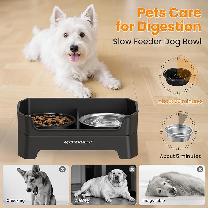 URPOWER Mess Proof Elevated Dog Bowls Double Deck Slow Feeder | No Spill Water Bowl, Slow Feeder Dog Bowls, Non-Slip Food and Water Bowl Set for Small, Medium & Large Dogs