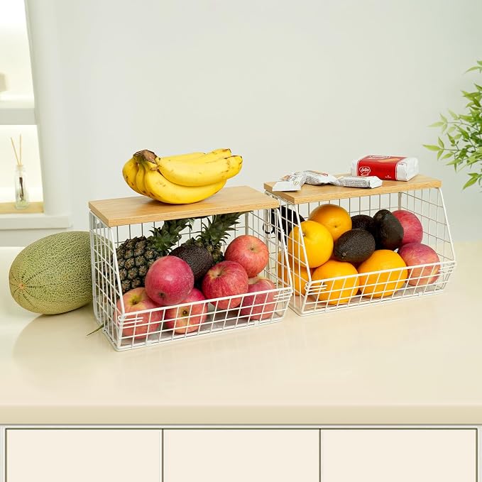 Mefirt Fruit Basket, 2-Tier Fruit Bowl for Kitchen Counter, Stackable Wall Mounted Fruit Storage, Snack Organizer, Potato and Onion Storage Basket, Hanging Pantry Storage with Wood Lid, 2 Set, White