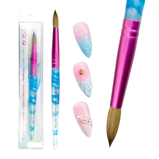 PANA Pure Kolinsky Hair Acrylic Nail Brush - Round Shape Pink Ferrule with White Swirl Blue Handle (Size 10)