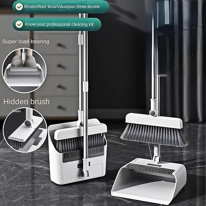 3in1 Broom and Dustpan Combo with Cleaning Teeth, Adjustable Long Handle, 180° Rotating Broom,Ideal for Pet Hair, Indoor Outdoor Heavy Duty Floor Sweeping (White)