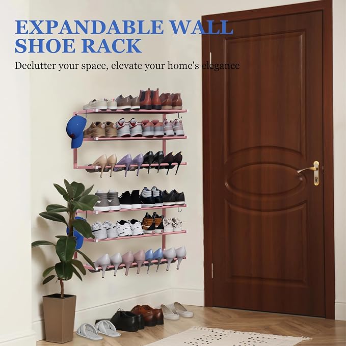 Wall Mounted Shoe Rack, 3 Tier Hanging Shoe Rack Holds 12 Pairs, 17"-30" Adjustable Heavy Duty Metal Shoe Organizer Holder with 2 Storage Hooks, Space Saving for Closet Entryway Doorway（Pink