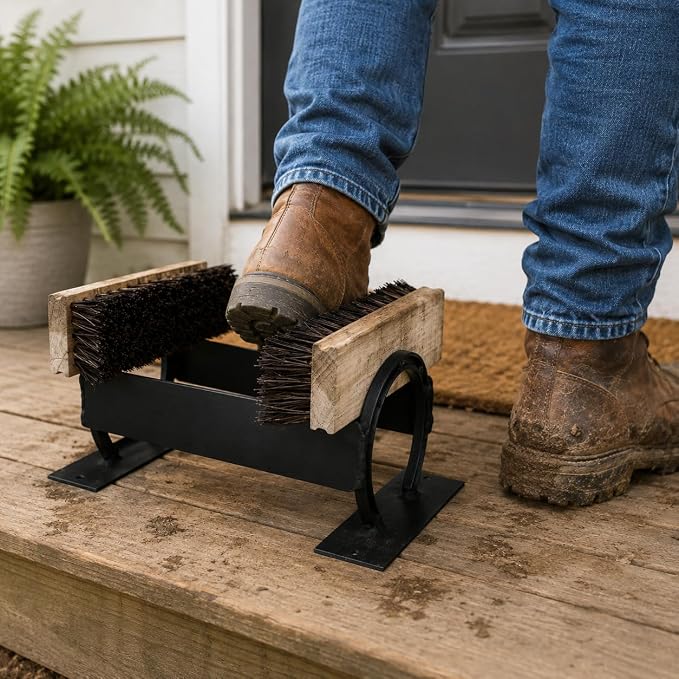 Renovators Supply Cast Iron Horseshoe Boot Scraper with Brushes | Decorative horseshoe design • Pre-assembled for convenience • Suitable for porches and entryways