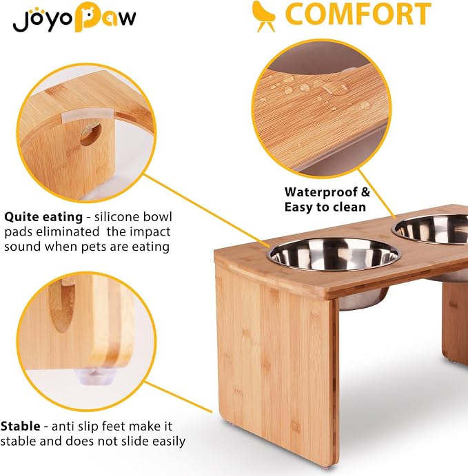 Elevated Dog Bowls, Bamboo Raised Dog Bowl for Large Dogs & Medium Dogs, with 2 Stainless Steel Bowls (10'' Tall–48 oz Bowl)