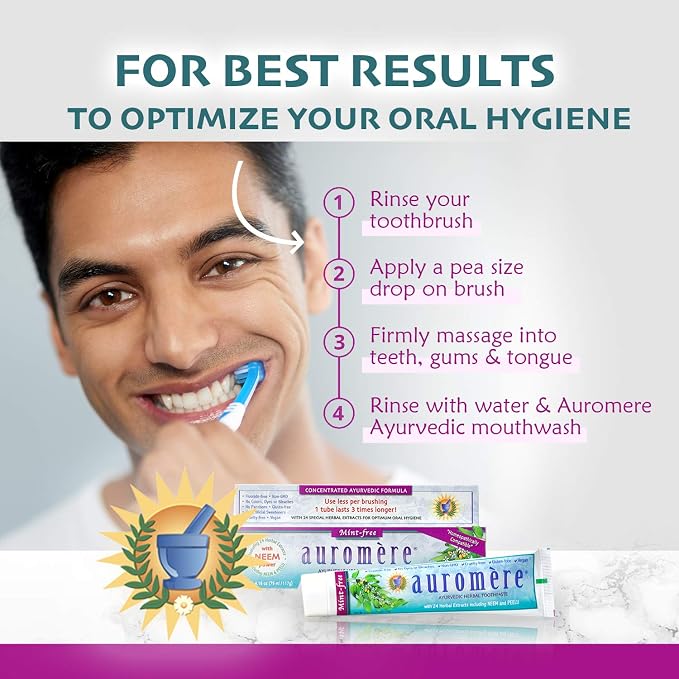 Auromere Ayurvedic Herbal Toothpaste, Mint Free - Vegan, Natural, Non GMO, Fluoride Free, Gluten Free, with Neem & Peelu (4.16 oz), 6 Pack