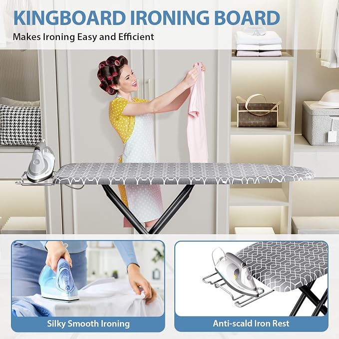 KINGBOARD Foldable Ironing Board Full Size, Iron and Ironing Board Set Standard Size, Iron Boards with Ironrest & Adjustable Height,Heavy Duty Iron Table Stand with Metal Legs &Thick Cover,43x13 Gray | Foldable, Height Adjustable, Iron Rest, Extra Thic...