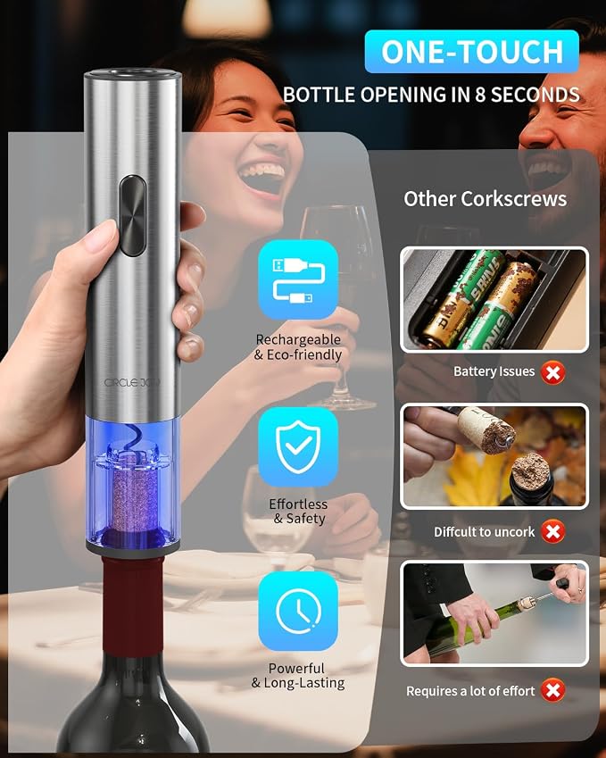 CIRCLE JOY Electric Wine Opener 7-in-1 Stainless Steel Rechargeable Electric Wine Bottle Opener Set with Automatic Vacuum Pump, Foil Cutter, Wine Pourer, 2 Vacuum Stoppers & Charging Station, Silver