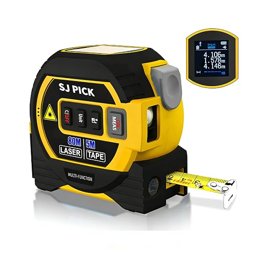 Voice Intelligent Tools Tape Measure 3-in-1 Laser Digital Measuring Tape Ruler-LCD Backlight 5M/16Ft Tape & Laser 80m/262Ft Rangefinder,Crosshairs Markings,Data Storage (Yellow, 80m/262ft)