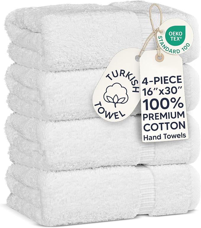 Chakir Turkish Linens 100% Cotton Premium Turkish Towels for Bathroom | 16'' x 30'' (4-Piece Hand Towel, White)