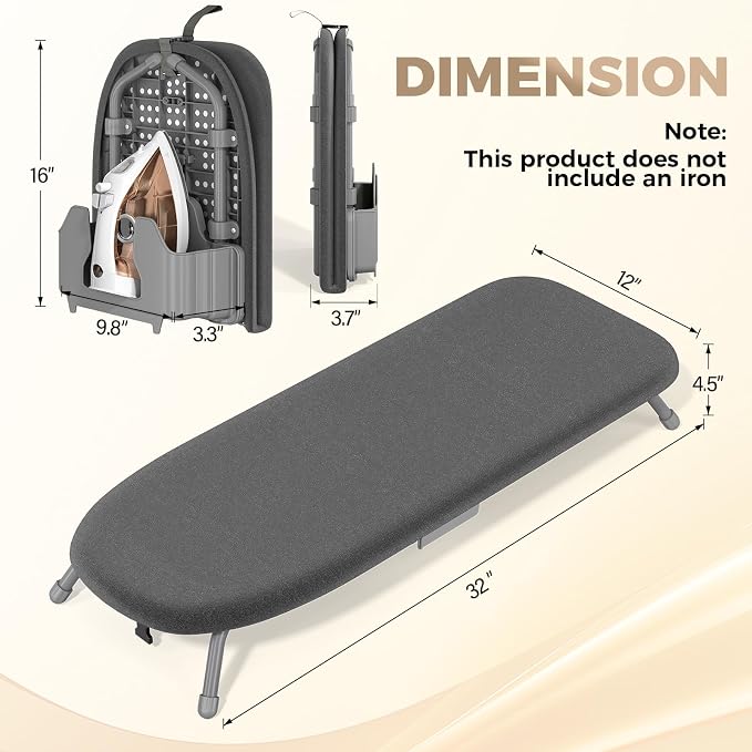 Kingboard Tabletop Ironing Board with Iron Holder, Small Iron Board with Heat Resistant Cover, Portable Mini Ironing Board with Non-Slip Feet for Home Travel, 12 * 32 Black