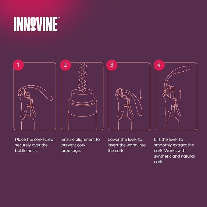 Innovine Level Corkscrew 4-Piece Wine Tool Set – Vertical Lever Corkscrew, 6-Blade Foil Cutter, Drip Stop Pour Spout & Silicone Bottle Stopper – Complete Wine Accessories for Home Bar & Gifting