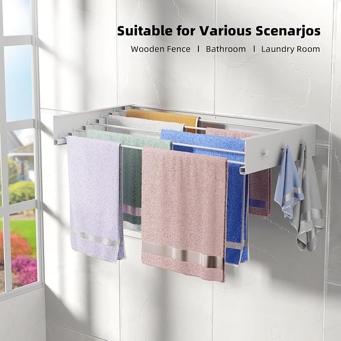 ZMBESUP Upgrade Wall Mounted Drying Rack with 6 Hooks, 31.5" Foldable Laundry Rack, 5 Rods & Hooks Space Saver for Bathroom, Collapsible Clothing Rack with Template for Indoor Outdoor (White)