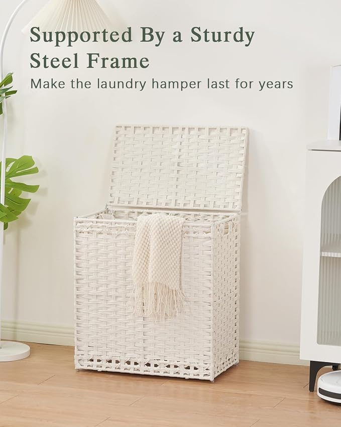 SETVSON Laundry Hamper with Lid Wicker Laundry Basket, White | Decorative Furniture Look for Bathroom & Bedroom, 3-Section Large Wicker Hamper, 3 Cloth Bags, 6 Mesh Bags Included