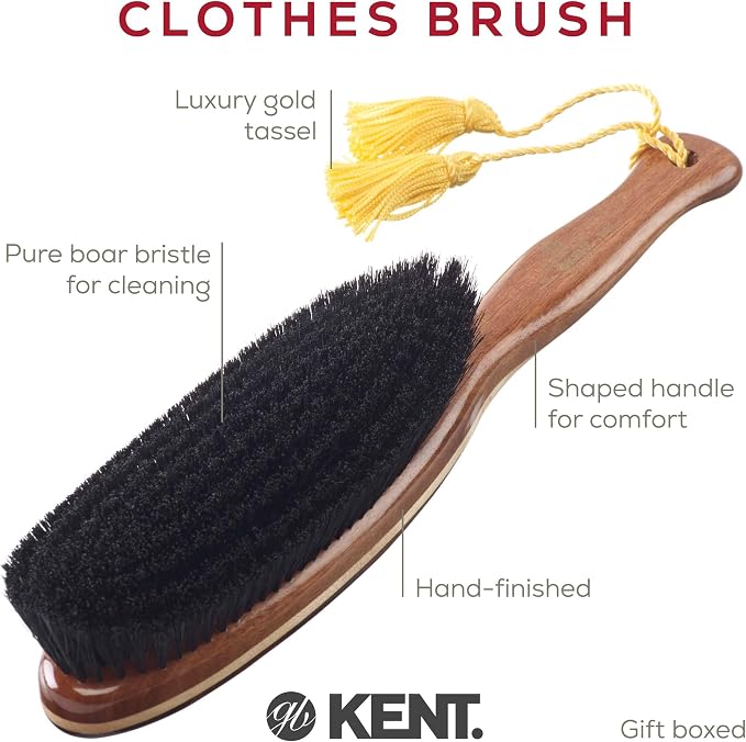 KENT CR8 Clothes Brush, 100% Natural Black Boar Bristle Lint Remover for Cashmere, Wool, and Silk for Keeping Fabrics Free from Fibres, Fluff and Pet Hair. Luxury Three Veneered Woods. Made in England