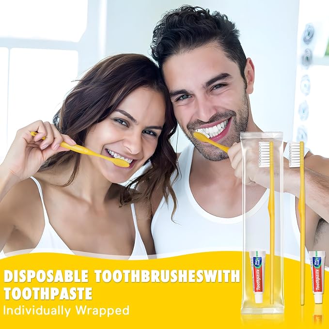 HOFASON Disposable Toothbrushes with Toothpaste Pack of 50, Yellow Hollow Travel Toothbrush Set with 5g Bulk Toothpaste Individually Wrapped for Homeless, Nursing Home, Shelter, Hotel
