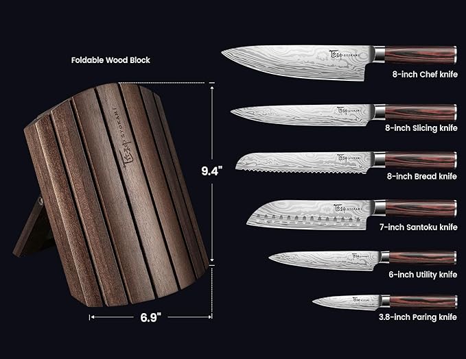 SYOKAMI 2026 Upgrade Knife Set 7 Piece Japanese Style Kitchen Knife Set With Foldable Magnetic Acacia Wood Block Sharp High Carbon Stainless Steel Chef Knives Set with Anti-slip Handle, Ideal for Gift