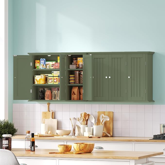 ChooChoo Bathroom Wall Cabinet with 3 Doors, Laundry Cabinet Wall Mounted, Medicine Cabinet with Adjustable Shelves, Hanging Kitchen Cupboard Organizer, Green