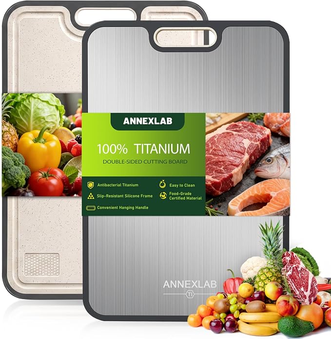 Titanium Cutting Board for Kitchen: Pure Ti & PP 2-Sided Non Toxic | Titanium Metal Chopping Boards for Kitchen: Anti-Slip Light 16oz, 200ml Groove & Grinder for Meats & Veggies