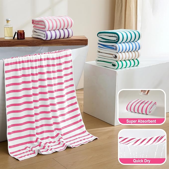 JML Microfiber Beach Towels Set of 6, 27" x 55", Cabana Stripe Pink | Hanging Loop, Soft, Absorbent & Quick Dry, Lint Free, Fade Resistant, for Summer Party, Swimming, Pool, Yoga, Camping