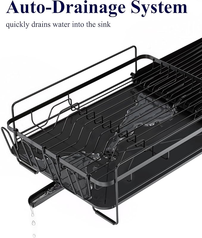 Kitsure Large Dish Drying Rack - Extendable Dish Rack, Multifunctional Dish Rack for Kitchen Counter, Anti-Rust Dish Drainers with Cutlery & Cup Holders 19.2"-26.7" L x 12.9" W, Black