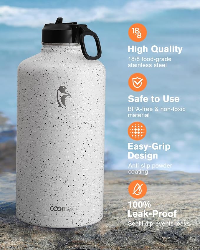 Coolflask 128 oz Gallon Water Bottle Insulated with Straw&3 Lids, Water Jug Large Stainless Steel Metal Vacuum Wide Mouth for Sports, Gym or Office, Non-BPA Keep Cold 48H Hot 24H, Arctic White