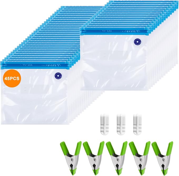 Reusable Sous Vide Bags 53Pcs BPA-Free, Ideal for Freshness Preservation, 45 Zipper Bags, 3 Seal Clips ＆ 5 Cooking Clips, Heat-Resistant & Leakproof (10x11in)