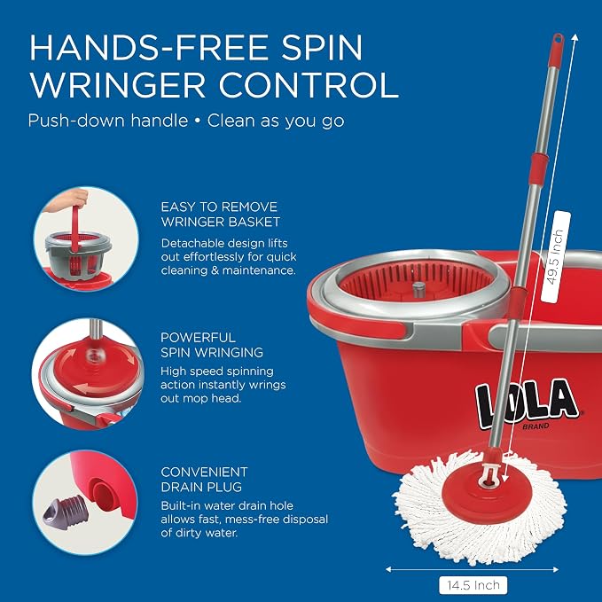 Revolution Deluxe Spin Mop & Bucket, w/ 3 Microfiber Washable Heads, 1 Pair Microfiber Mop Slippers, Fast Dry, Deep Clean Floors & Hands-Free Wringer, Easy Spin Dry, No Exhaustive Foot Pedal, LOLA