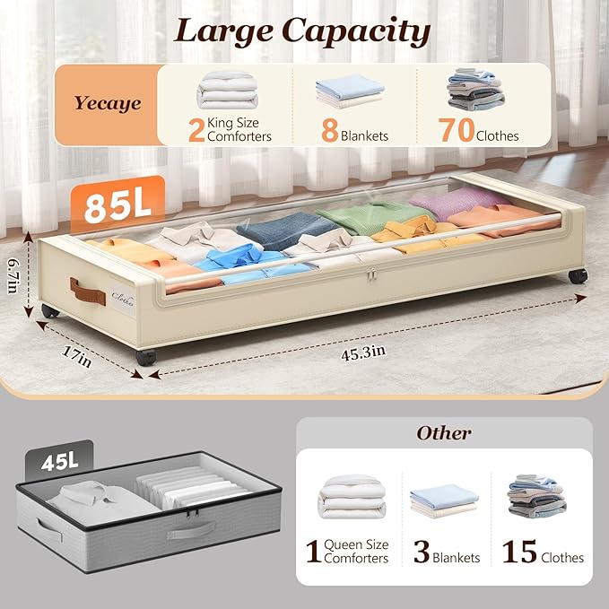 Yecaye Under Bed Storage with Wheels 2 Pack, 85 L Extra Large Under Bed Storage Containers with Metal Frame & Clear Lid, Rolling Underbed Organizer Bins Drawers for Clothes, Shoes, Blankets, Beige