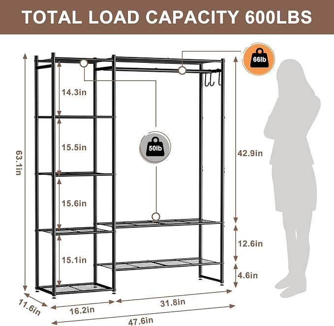 Neprock Wardrobe Closet, Portable Clothing Rack for Hanging Clothes, Free Standing Closet Organizers and Storage System with 4 Tiers Shelves for Cloakroom Bedroom,Black