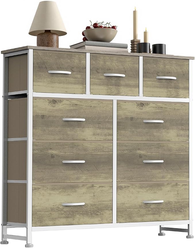 Sweetcrispy 9 Drawer Fabric Dresser Storage Tower with Wood Top and Steel Frame, Organizer Chest with Easy Pull Handles for Bedroom, Closet, Hallway,Oak Greige