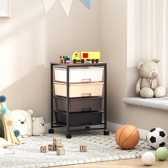 SYKIARIOL Utility Cart with 4 Drawers,Rolling Storage Cart with Drawers,Storage Rolling Drawer Cart,Brown