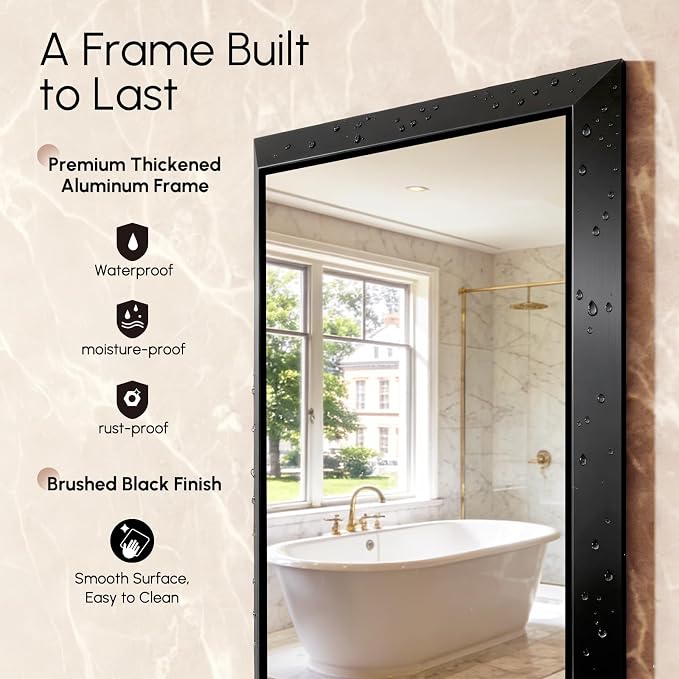 USHOWER 30x36 Inch Floating Bathroom Mirror - Brushed Black Wall Mirror for Over Sink, Anti-Rust, Modern HD Reflection Rectangular Beveled Aluminum Frame Vanity Mirror(Copper-Free Silver Coating)