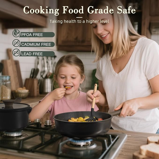 Astercook 19 Pcs Pots and Pans Set Non Stick, Black Titanium Induction Kitchen Cookware Sets, Non toxic Healthy Kitchen Cooking Set with Frying Pans Set, PTFE PFOA PFOS Free, Fathers Day Gift for Men