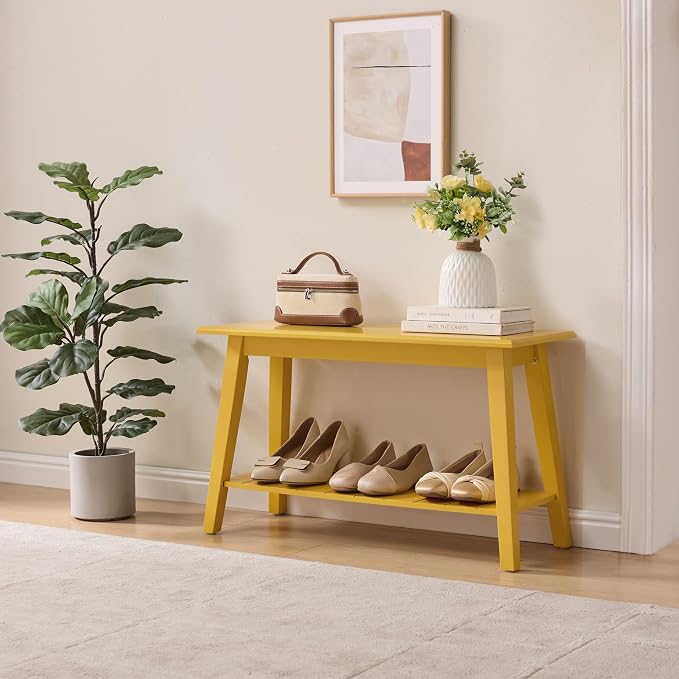 KB Designs - Contemporary Rectangle Storage Bench with Streamlined Design Polished Bottom Shelf for Books Shoes and Magazines Versatile Seating and Entryway Organization - Banana