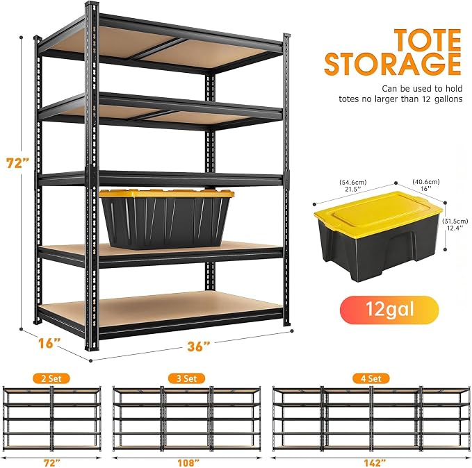 REIBII 3 Pack Garage Shelving,5 Tier Heavy Duty Metal Racks for Warehouse | 2400 lb per unit,36"W x 16"D x 72"H,adjustable split design,rolled-edge posts,for basement,pantry,workshop and stockroom