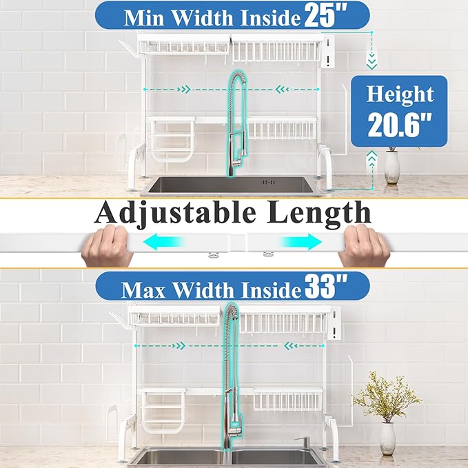 Over The Sink Dish Drying Rack, Adjustable (25.5 to 36.5 inch) 2 Tier Metal Steel Dish Drying Racks for Kitchen Counter with Hooks Paper Towel Utensil Cup Holder Sink Caddy (White) | All-in-One Large Capacity, Snap-On Design for Flexible Use, Strong Me...