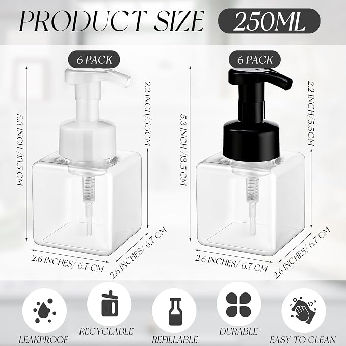 Domensi Foaming Soap Dispenser 8.5 oz Foam Pump Bottle Bulk Empty Travel Foaming Dispenser Refillable Hand Soap Plastic Pump Bottle Travel Clear Container for Bathroom Vanities(12 Pcs,Black White)