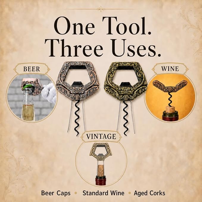 Wine Couple 3 in 1 Wine Bottle Opener, Ah So Two Prong Corkscrew (Bronze) | For old fragile corks, beer caps and vintage bottles. Black gift box for wine lovers, collectors and gifting