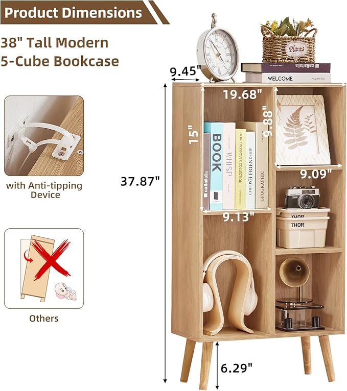 LEYAOYAO 5 Cube Bookshelf,Mid-Century Modern Bookcase with Legs,Light Wood | 3 Tier Book Shelf,Rustic Wood Bookshelves Freestanding Small Storage Organizer, Open Shelves for Bedroom, Living Room, Office