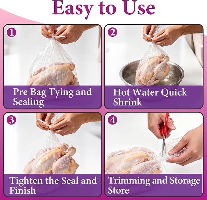 150 PCS Poultry Shrink Bags, 13x18 Inches Clear Freezer Heat Shrink Wrap | Equipped with 150 Zip Ties, Heat Shrinkable by Hot Water Dipping, Freezer Safe for Chickens and Rabbits Storage
