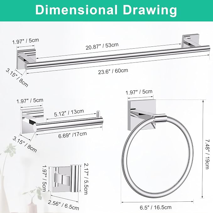 Polished Chrome Bathroom Hardware Accessories Towel Bar Set, 10 Pieces Bathroom Towel Bar Holder Set, 23.6 Inch Stainless Steel Toilet Paper Holder Towel Racks for Bathroom Wall Mounted