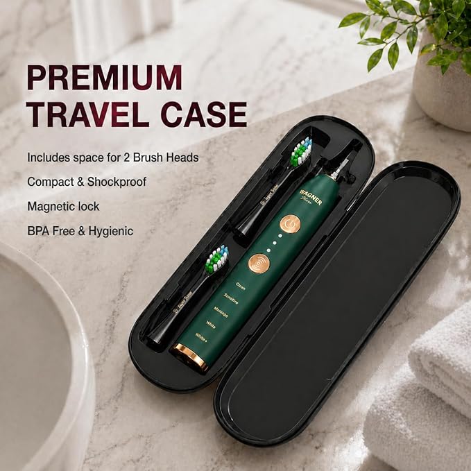 Wagner Stern WHITEN+ Electric Toothbrush, 48,000 VPM, Pressure Sensor, 5 Modes, 8 Brush Heads, Travel Case